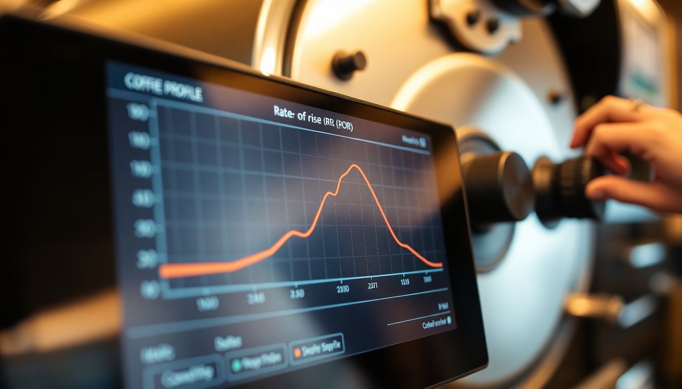 생두의 온도 상승 속도(ROR) 곡선이 강조된 디지털 로스팅 프로파일 그래프를 주시하는 로스터.