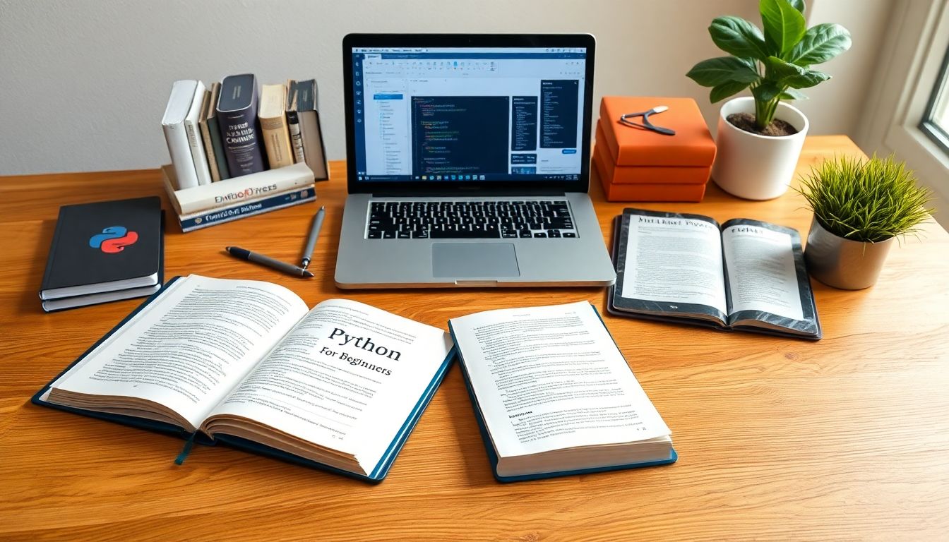 파이썬 독학을 위한 책, 온라인 강의 플랫폼이 열려있는 노트북 등 다양한 학습 자료들이 놓여 있는 모습