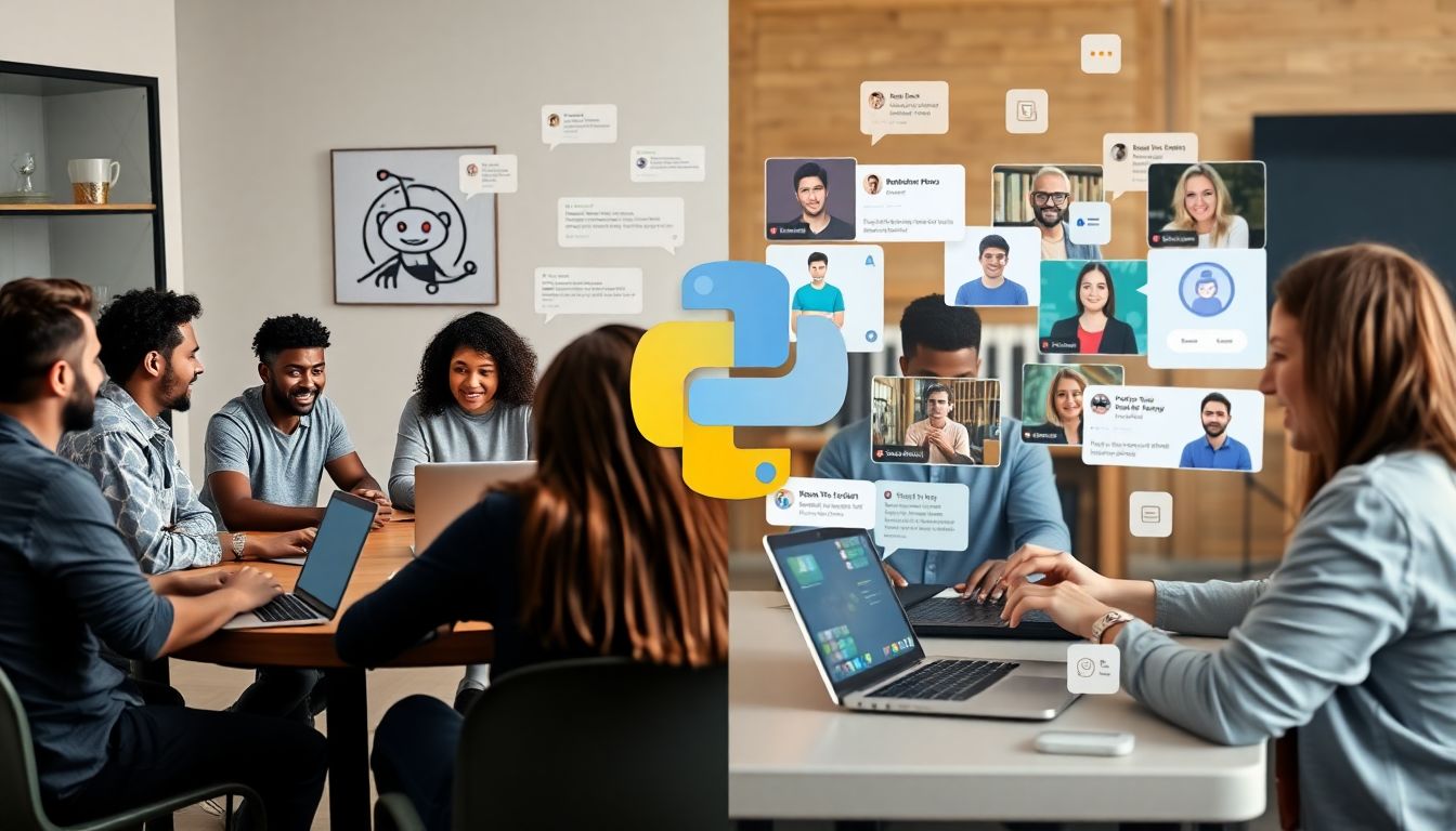 온라인 커뮤니티(포럼, 채팅)와 오프라인 스터디 그룹에서 파이썬 학습자들이 함께 교류하고 협력하는 모습