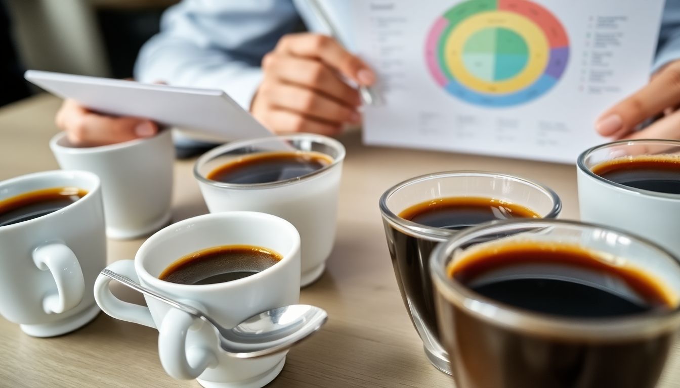 여러 잔의 커피가 놓인 커핑 테이블에서 커피의 향미를 평가하는 모습과 커핑 스푼.