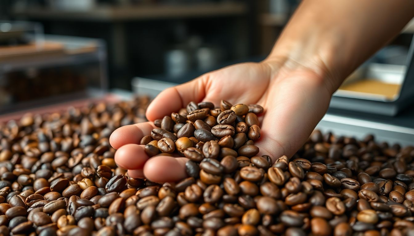 로스팅된 커피 원두에서 베이크드, 스코칭, 팁과 같은 결점두를 식별하는 손.